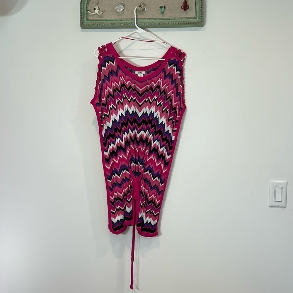Vintage Cache pink purple zig zag knit short sleeve blouse poncho belted top Med